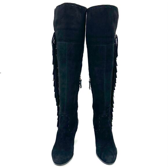 Sam Edelman Louella Black Over-The-Knee Boot Sz 8.5 Suede Fringes Fold-Over OTK - Picture 12 of 15